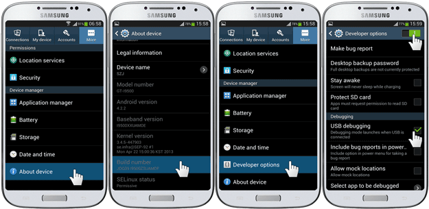 enable USB debugging on Galaxy S4